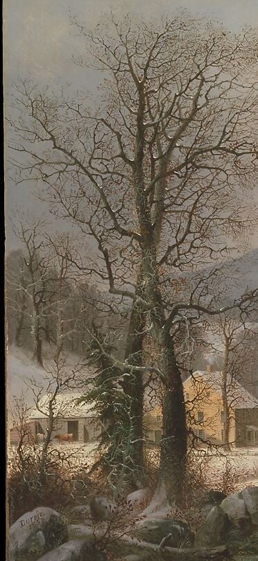 These skeletal winter trees frame the composition and demonstrate Durrie's meticulous branch-work , a signature technique that rewards close inspection of individual limbs against the sky.