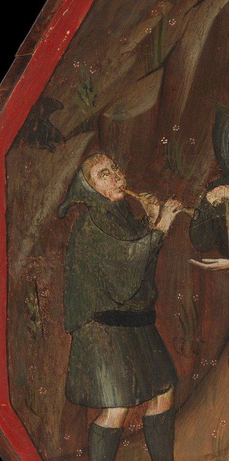 This dark-clad shepherd is Alcesto, one of the rivals.