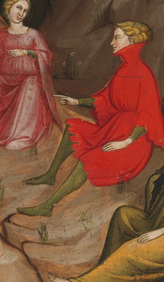 His red cloak mirrors the nymph's dress, a chromatic rivalry.