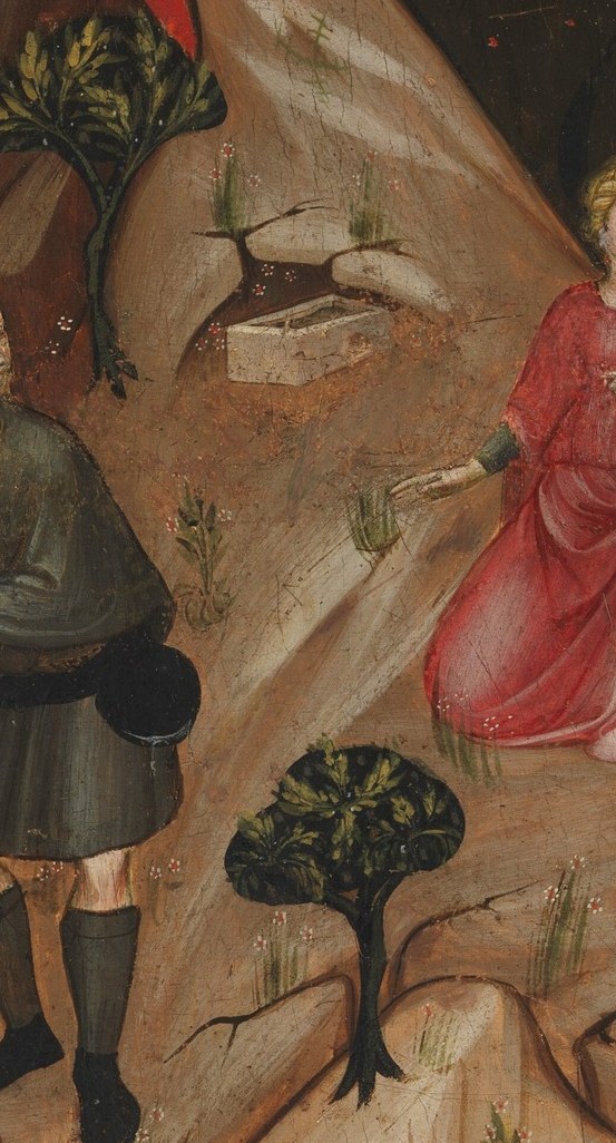 The red dress marks her as a central nymph in Boccaccio's story.