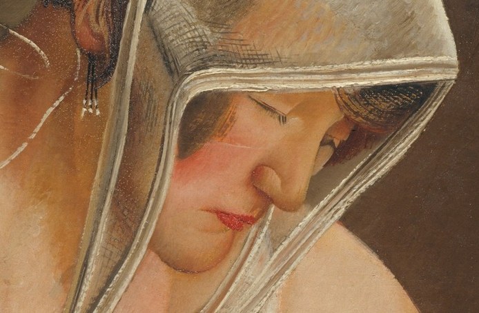 Her downcast face suggests deep personal reflection.