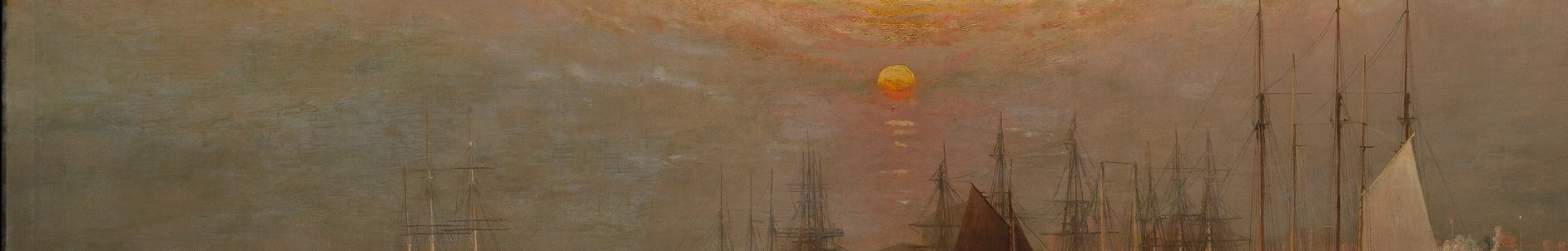 It captures the working New York waterfront at sunset.