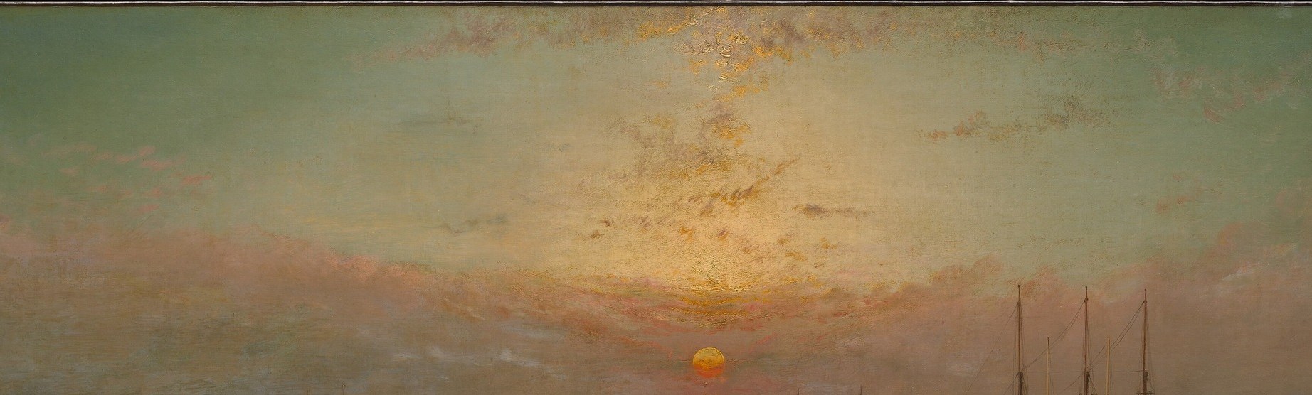 occupies nearly half the canvas; the graduated tones from deep orange at the horizon to cooler grey above align this work with the Hudson River School's atmospheric sky tradition
