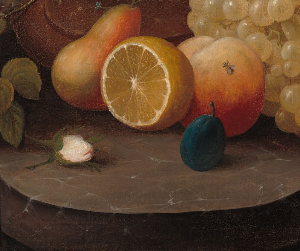 The exposed flesh plane catches light with wet-looking glaze; a halved citrus was a standard vanitas prop signifying the inner beauty revealed only by opening , and the sweetness that spoils.