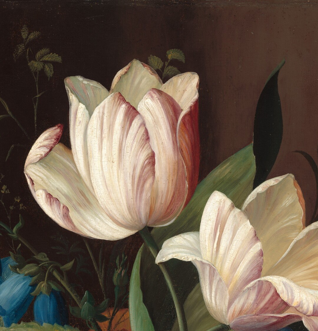 The dominant vertical accent; its open cup catches the brightest light in the composition and draws the eye straight up , a classic Roesen 'crown' flower.