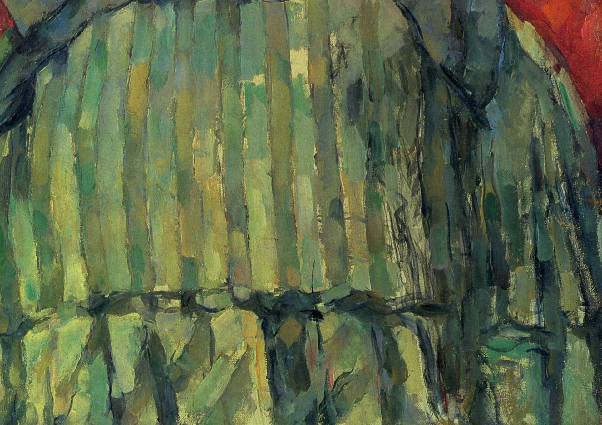 Her striped skirt speaks of confinement.