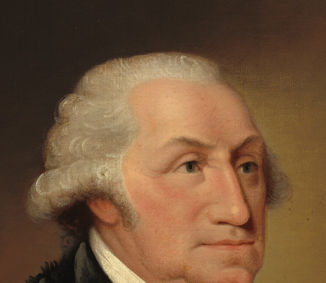 The curled, artificial confection marks him as a Federal-era statesman; its powdered pallor frames the living face beneath.