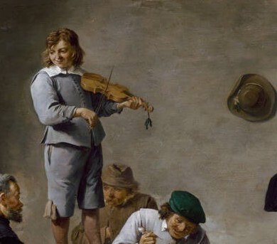 The violinist boy sets the rhythm, balancing on a barrel.