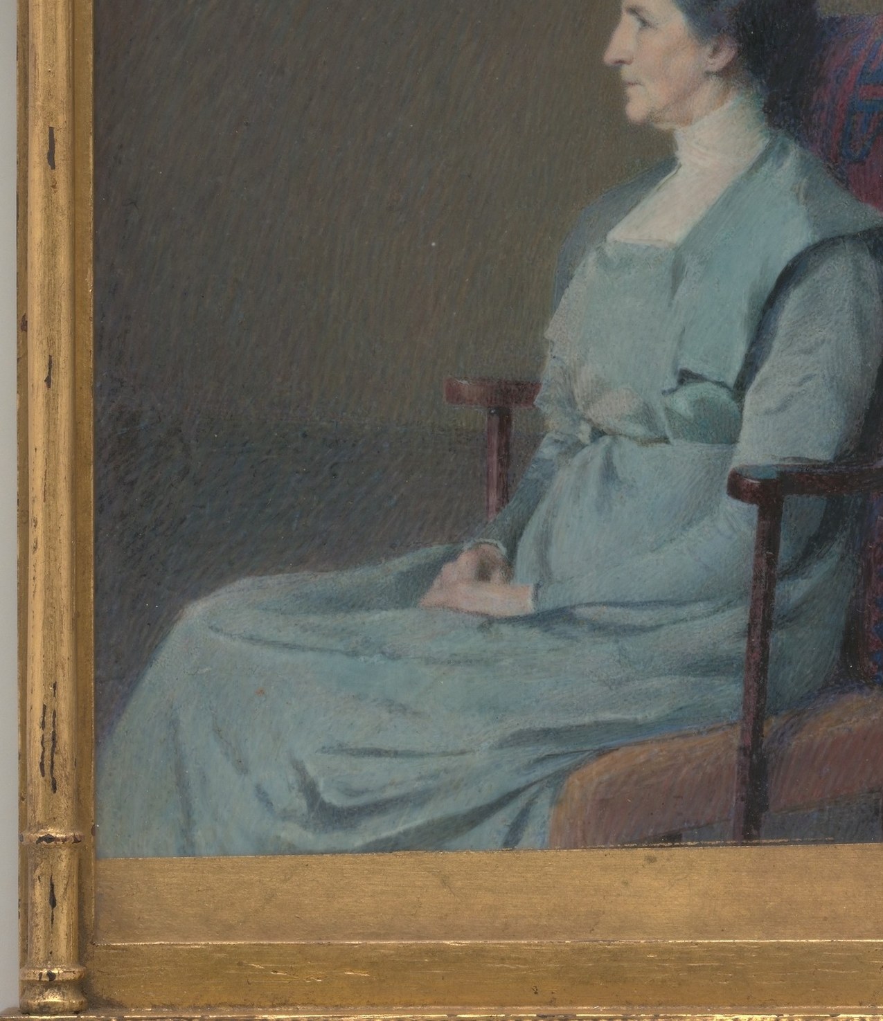 The luminous blue-grey occupies most of the picture plane; on ivory support, watercolour achieves an almost translucent warmth impossible on paper.