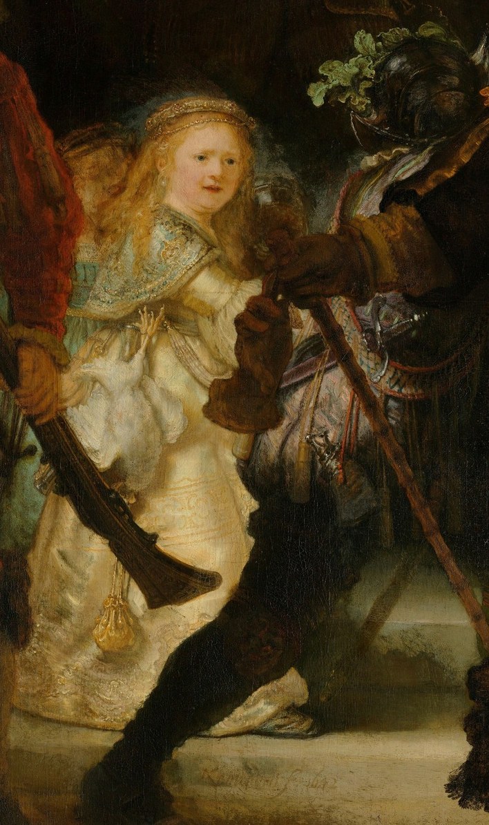 An enigmatic figure, her luminous presence and the chicken suggest symbolic meaning.