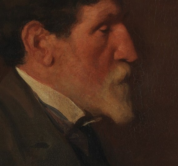The beard's silvery volume contrasts with the dark coat; Rand handles the strands with loose impressionist strokes that dissolve at the edges.