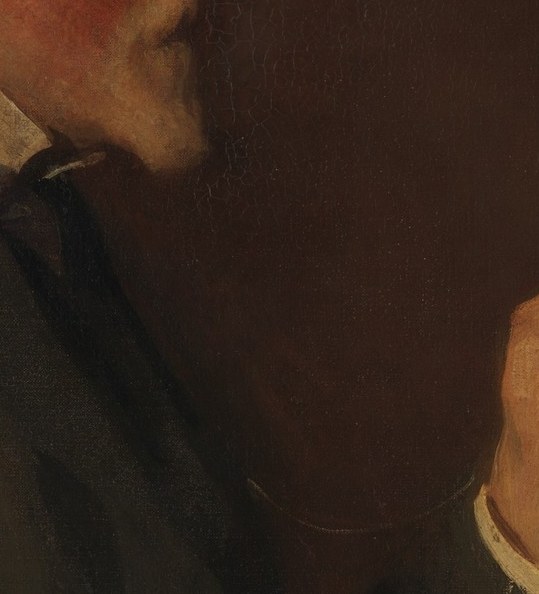 His raised hand is the center of the painting.