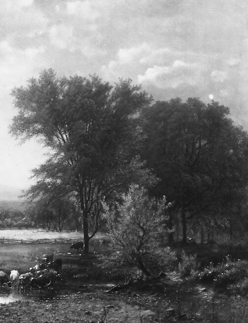 The compositional anchor , its mass darkens the right side and throws the open sky into relief, a classic Hudson River framing device.