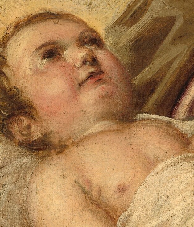 The Christ Child gazes up, his mouth slightly open.