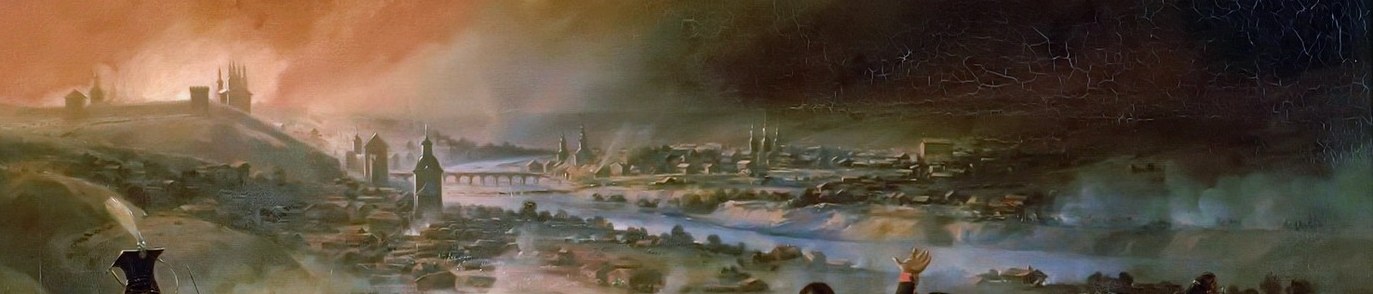 The dramatic backdrop of flames and smoke visually represents the destruction and chaos of the battle.