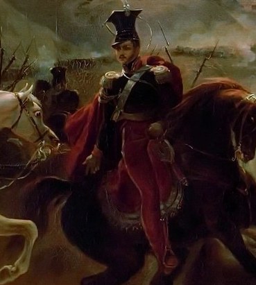 Polish Commander Poniatowski rides with Napoleon.