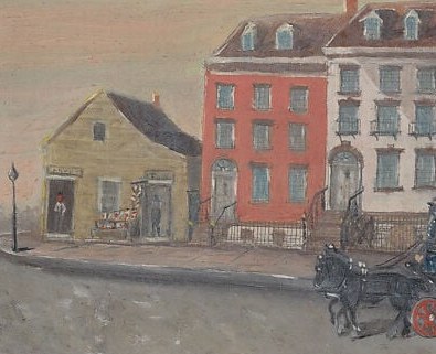 A carriage waits. A coachman watches. A man stops on the sidewalk.