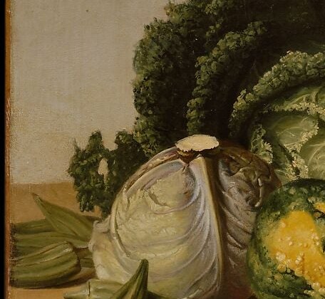 Its smooth, cool sphere contrasts sharply with the dark Savoy's texture, showing Peale's command of differentiated surfaces within a single composition.