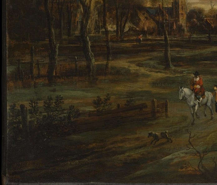 Down on the left bank, a few figures are still outdoors.
