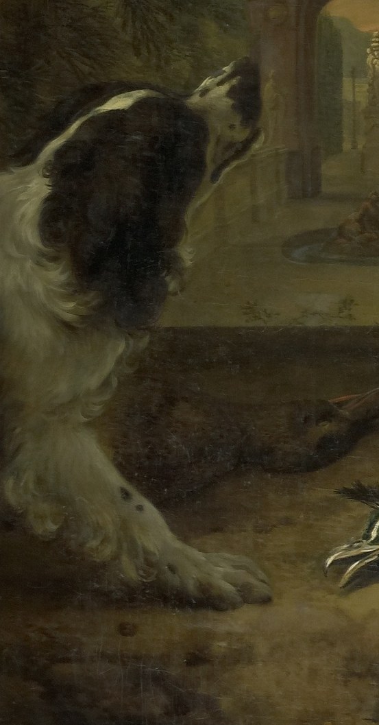 The dog, alert and loyal among the fallen birds.