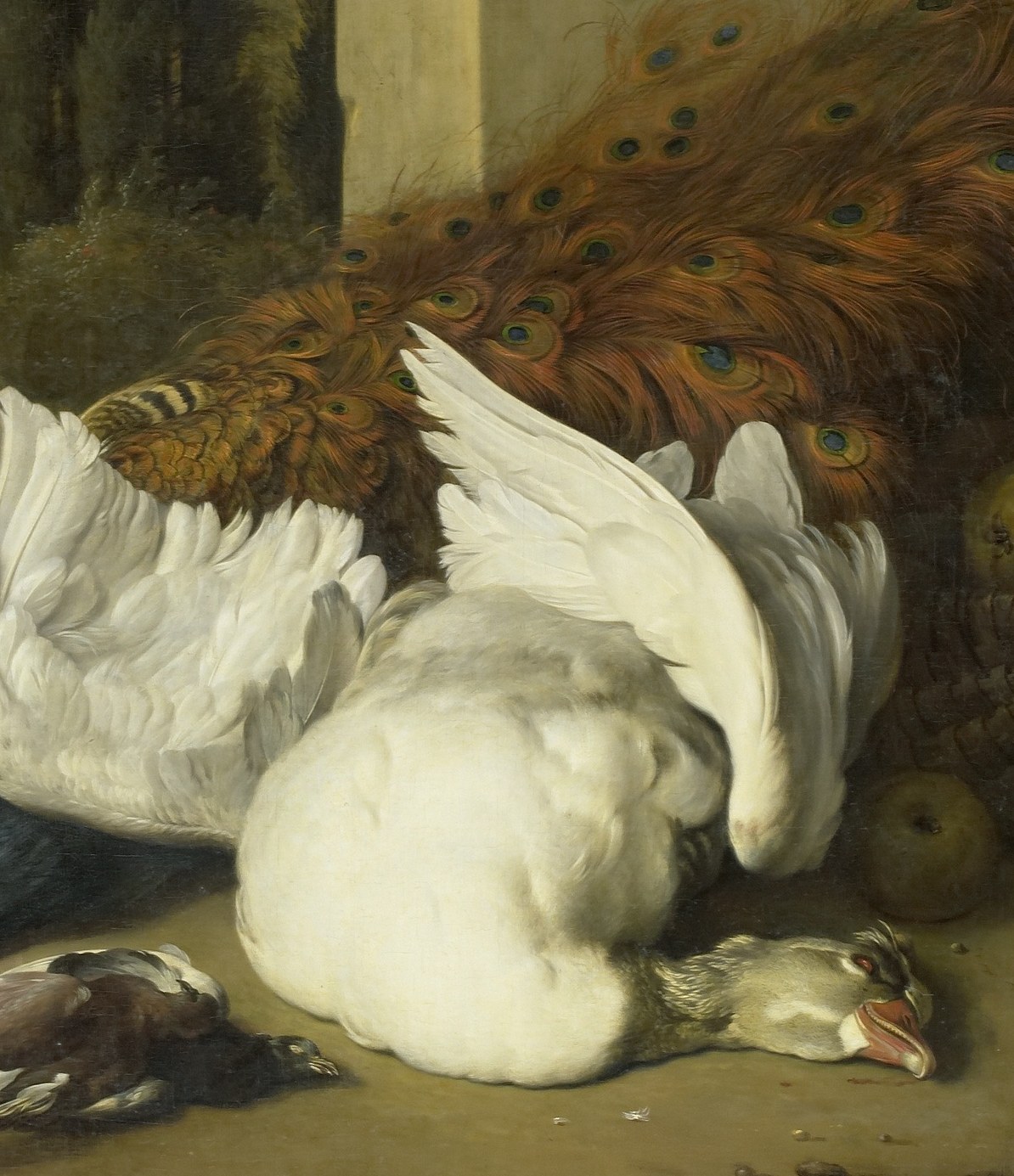 The soft, voluminous plumage of this bird contrasts with the darker game, highlighting the artist's skill in depicting texture and form.