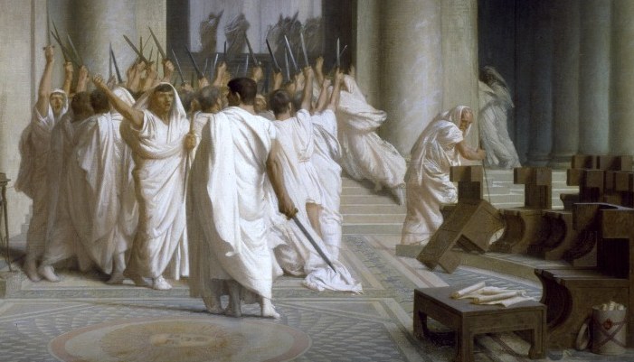 Their raised arms and swords suggest victory and the immediate aftermath of violence.