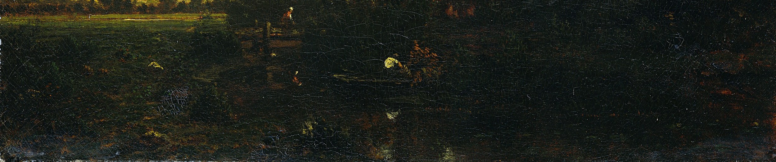 Already fully in shadow while the sky still holds color , this value contrast is precisely how Rousseau times the twilight moment; the earth loses light before the sky