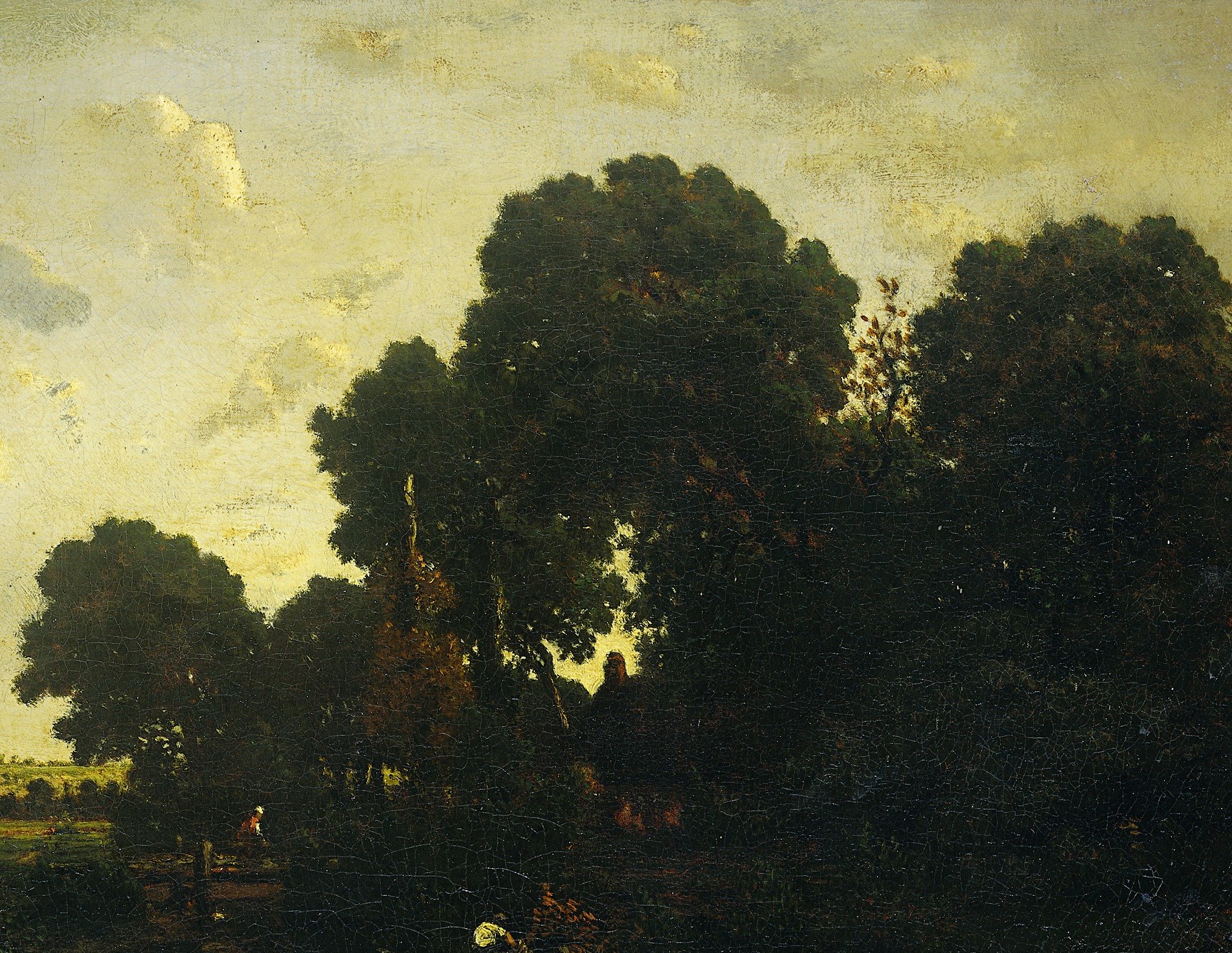 The compositional anchor of the whole painting , their silhouette shape against the pale sky is Rousseau's signature; each tree reads as an individual presence rather than generic foliage