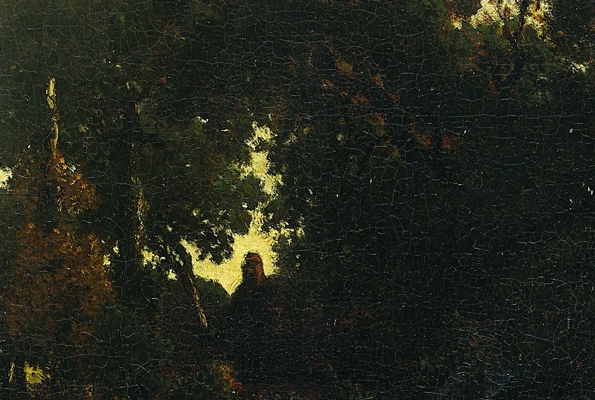 The technical showpiece: a localized warm luminescence trapped inside the foliage, painted as if the trees themselves hold residual daylight , Rousseau's signature trick