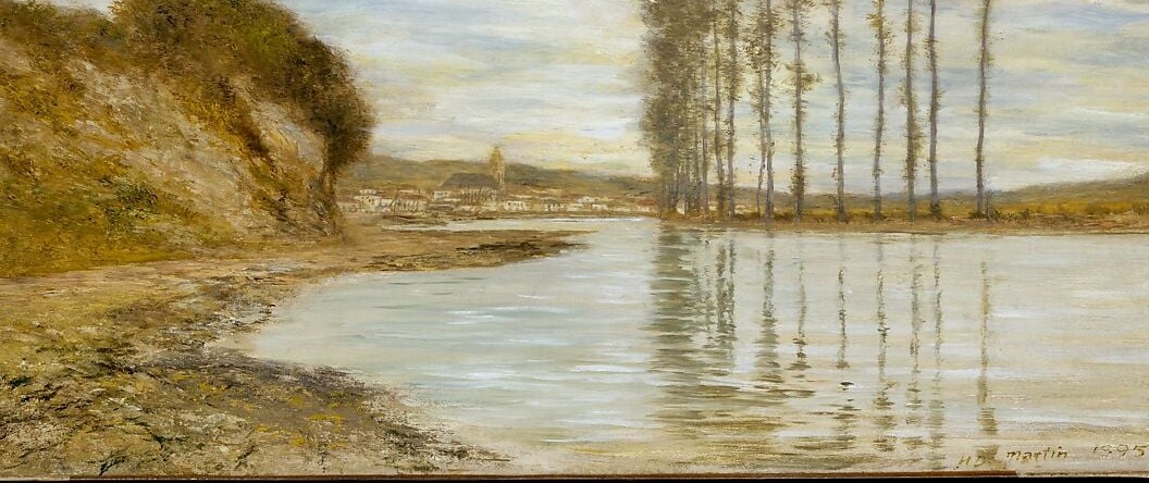 The river functions as a second sky , pale, luminous, reflective , giving Martin twice the light-catching canvas; its glassiness is what makes the poplar reflections possible.