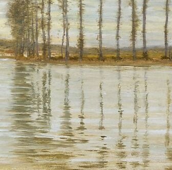 A near-perfect inversion of the trees in the glassy water signals absolute calm; the doubling creates an hourglass of sky-and-depth that is the painting's visual anchor.