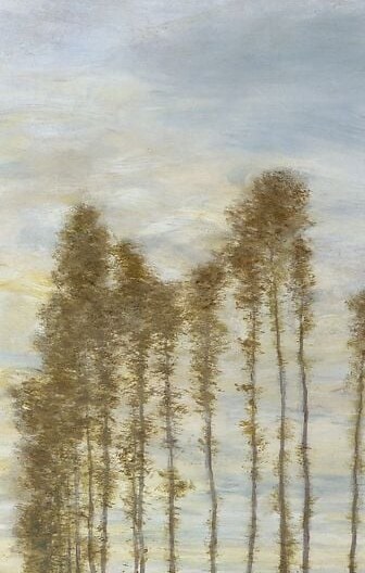 The painting's namesake , these wind-responsive trees are the 'Harp of the Winds'; their verticality dominates the composition and gives the scene its eerie stillness punctuated by implied movement.