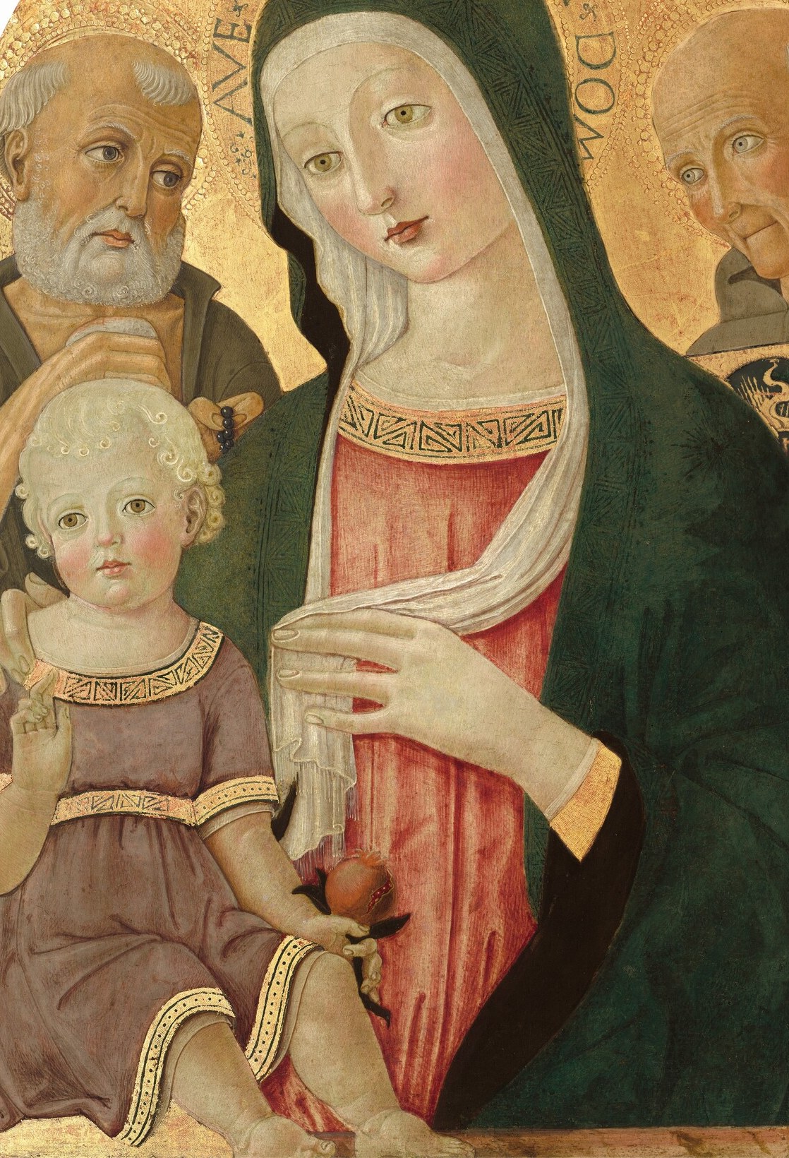 Ultramarine or malachite , either pigment was among the most costly available; the mantle's sheer mass below center declares Mary's regal station while enveloping the Child in protection