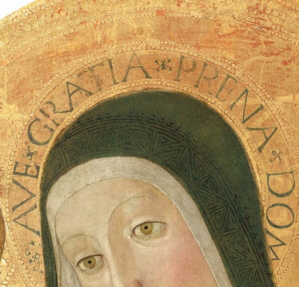 The serene downward glance , simultaneously maternal and mournful , is the emotional fulcrum of the composition; her pallor and composed features are hallmarks of Benvenuto di Giovanni's Marian type