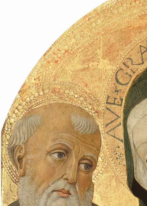 The weathered scholar-hermit's physiognomy , deep-set eyes, prominent beard , contrasts with Mary's youth and anchors the intellectual tradition of the Church beside its maternal heart