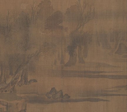 The heaviest ink passage in the scroll; the layered brushwork here shows the artist's texture vocabulary , dry strokes over wet washes to differentiate bark, canopy, and shadow