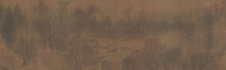 The flat, lightly washed band anchors the horizon line and gives the scroll its tranquil time-of-day reading , dark reflections from trees above disturb the stillness just enough to signal movement