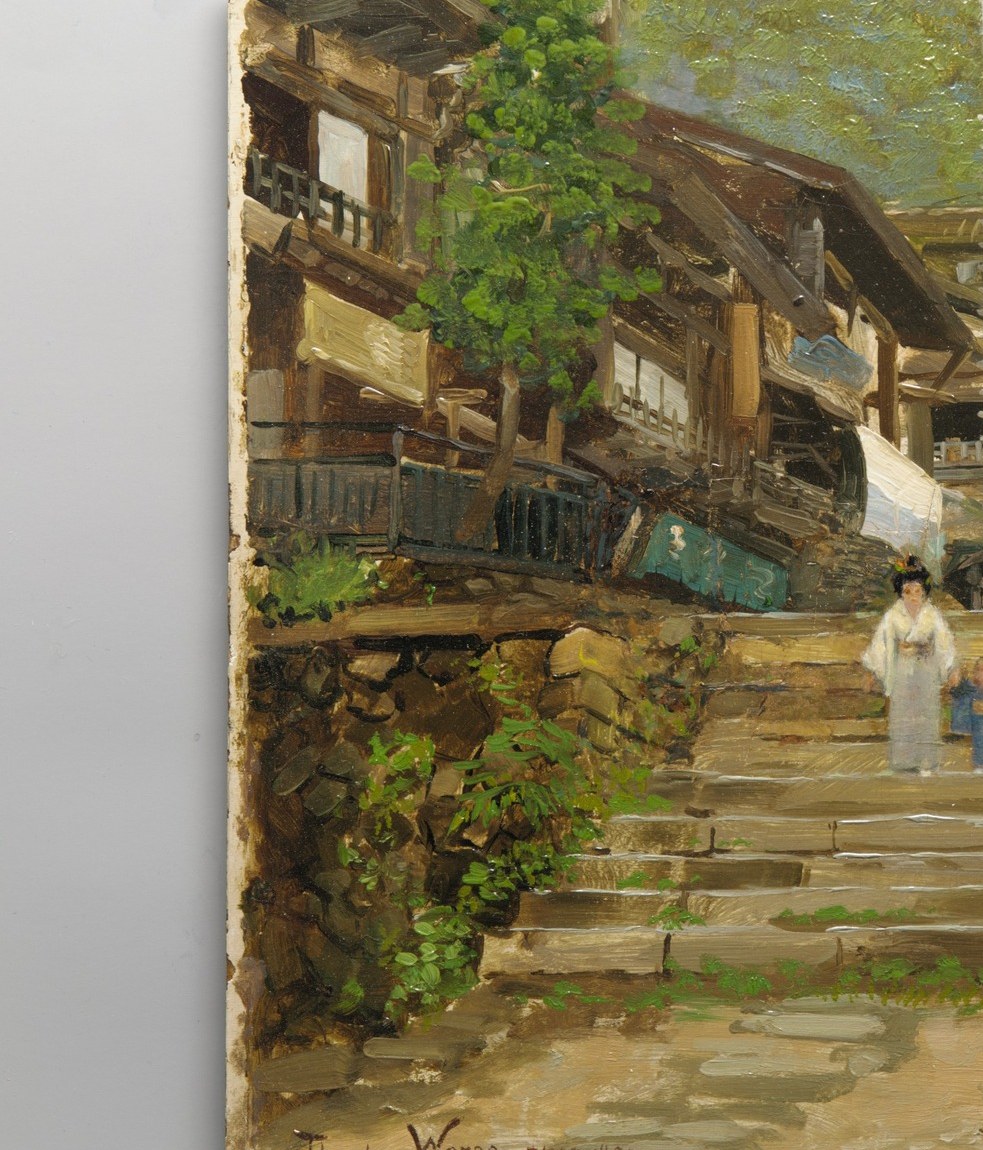 Heavy timber construction with dark clapboard siding and overhanging upper stories; Wores renders the grain and weathering with loose Impressionist strokes that reward close inspection.
