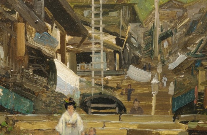 Theodore Wores painted her disappearing into the warmth of the village.