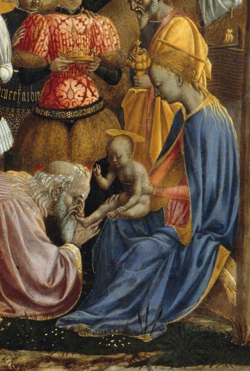 Mary's humble posture and gentle gaze towards the child convey maternal love and devotion, anchoring the sacred scene.