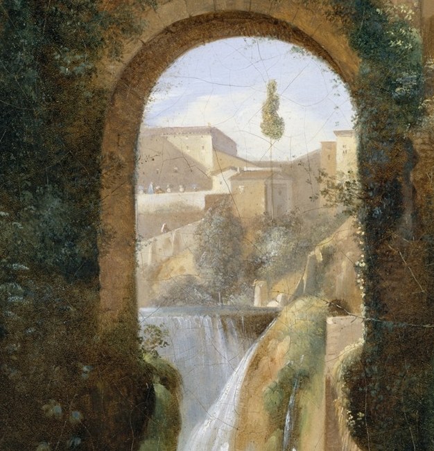 The arch frames the distant landscape and waterfall, creating a sense of depth and perspective.