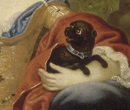 Her sister holds a small black dog, a sign of fidelity.