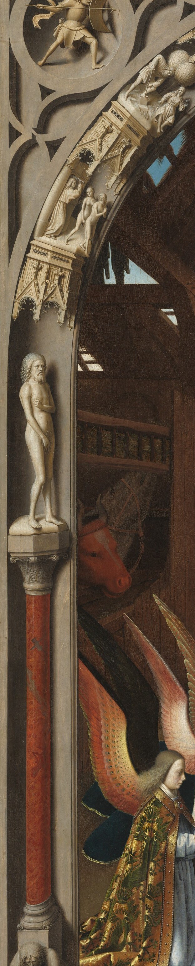 The painter makes you look past these fake stone pillars.