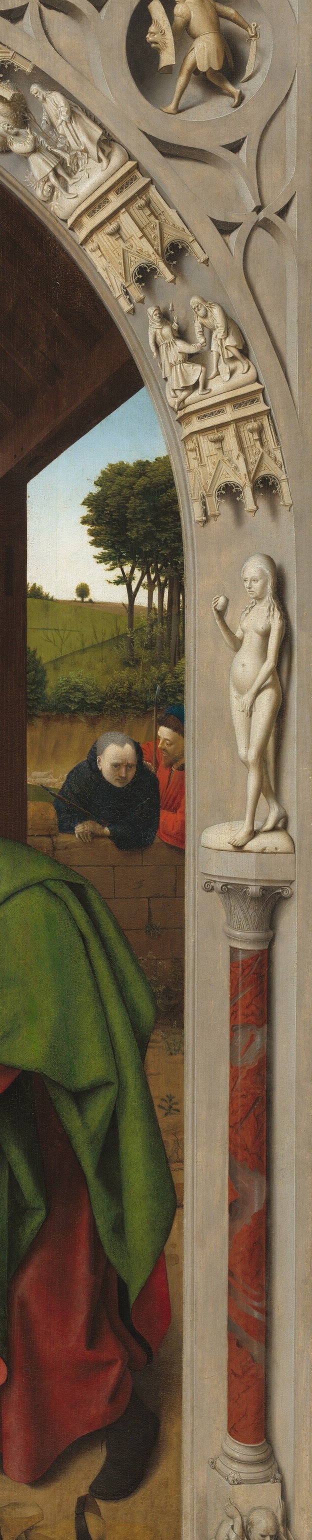 Mirror of the left pillar; the two columns together create a complete typological frame, and their painted-stone illusion is one of the panel's great technical achievements.