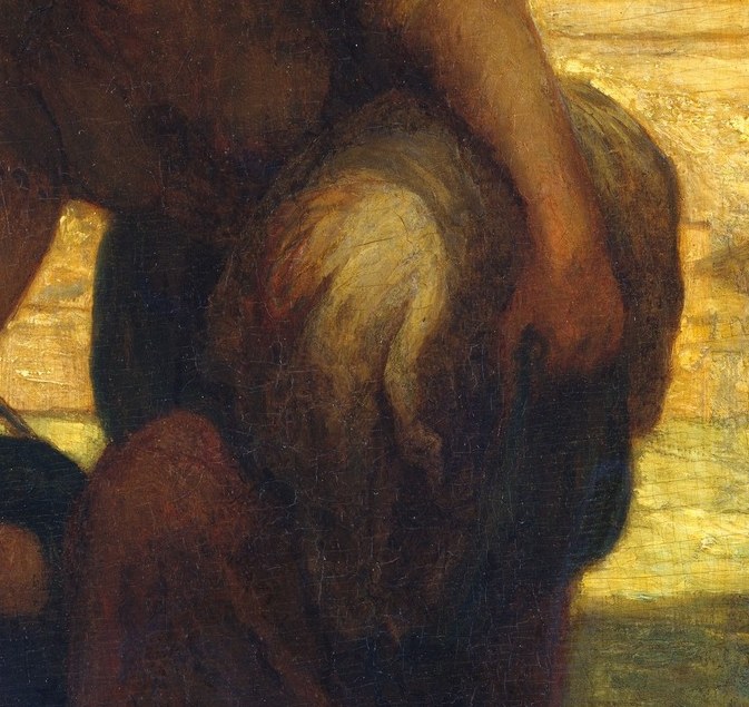 A washerwoman, weighed down by her bundle, climbs from the river.