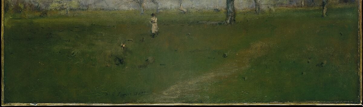The open, gently luminous lawn pulls the viewer in and gives the figures room to breathe , Inness uses negative space to convey stillness and spring air.