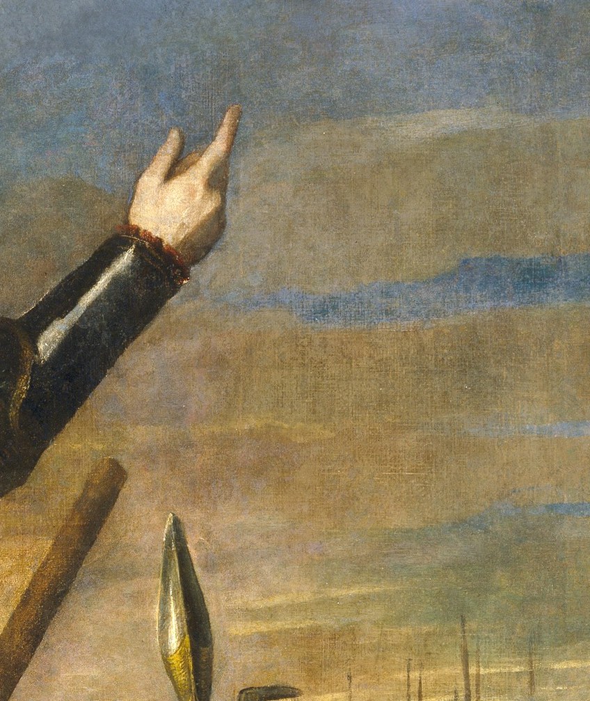 He isn't just pointing. He is swearing an oath.