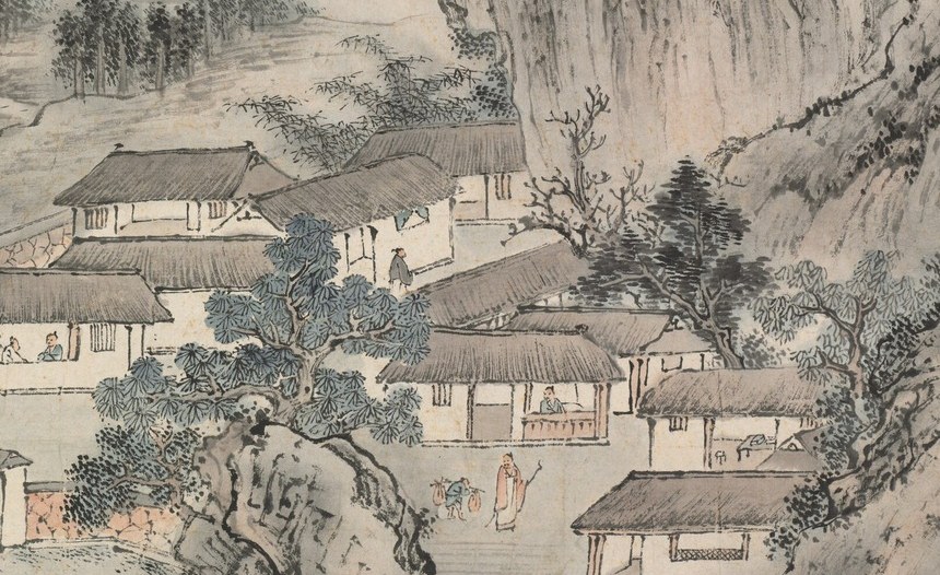 The architecture provides a sense of human habitation and community within the grand landscape.