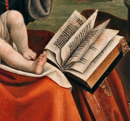 The open book suggests the period's emphasis on sacred knowledge.