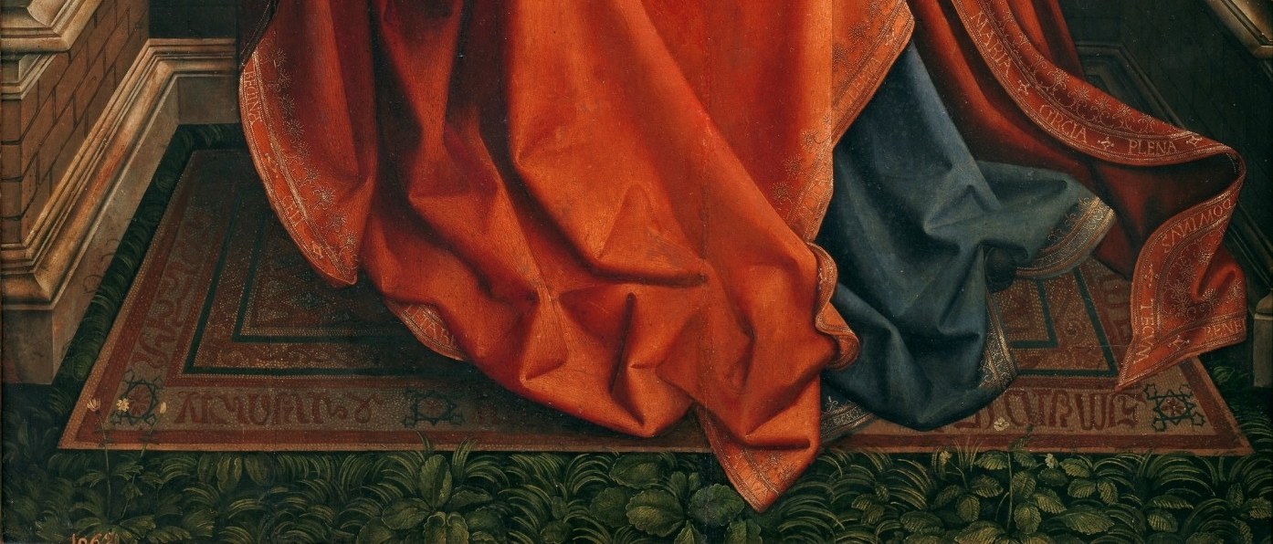 The intricate carpet beneath them signals wealth and sacred space.